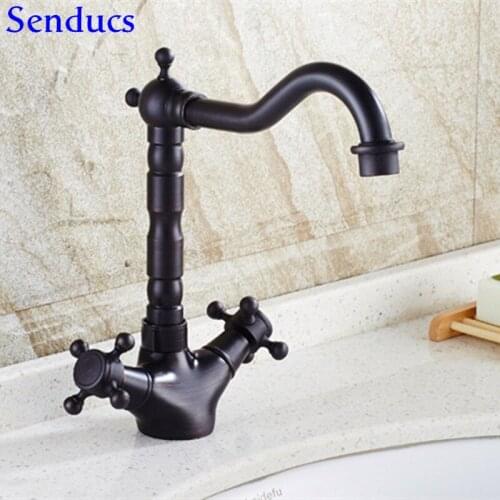 Deck Mounted Black Bathroom Basin Faucet Dual Handles Bathroom /kitchen Basin Water Faucet Solid Brass Basin Tap