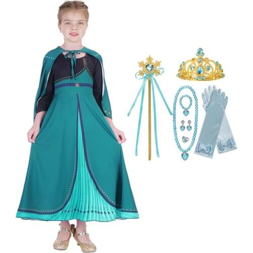 Girls Cosplay Kids Princess Dress Girl Blue Costume with Crown Sticker Gloves Carnival Party Brithday Long Clothings 2021