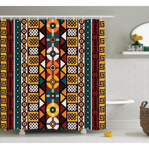Kente Shower Curtain Vertical Borders Inspired by Primitive African Cultures Geometrical Bath Curtain With Hooks For Bathroom