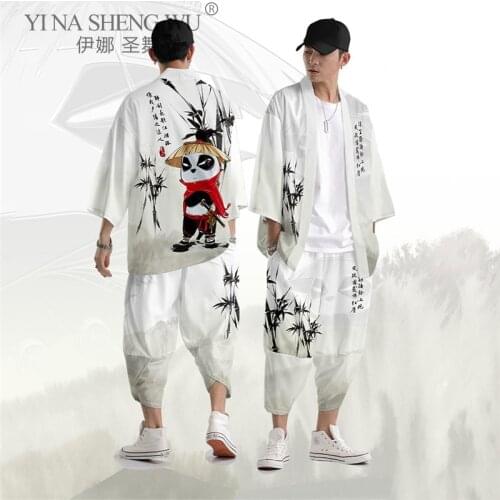 Kimono Japanese Traditional Colours Asian Men Loose Top Trousers Male New Leisure Harajuku Streetwear Panda Patterned Jacket Set