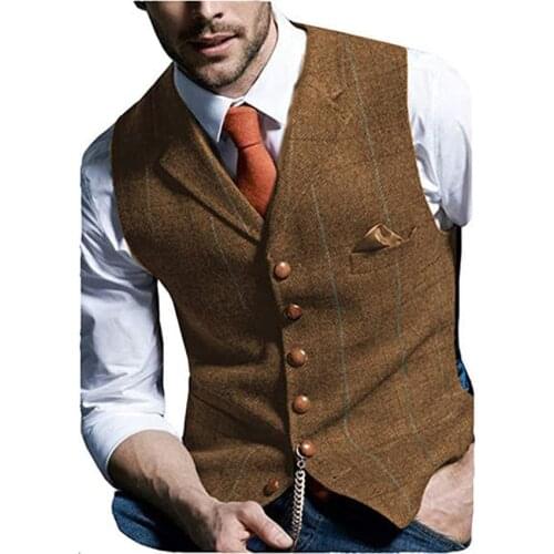 Classic Brown Mens Vest Tweed Waistcoat Notch Lapel Wool Herringbone Vintage Suit Waicoat Notch Collar Man Top