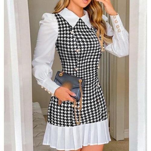 Fashion Elegant Slim Long Sleeves Office Lady Dresses Sexy Turn-down Collar A-Line Women Dress Autumn Patchwork Plaid Mini Dress