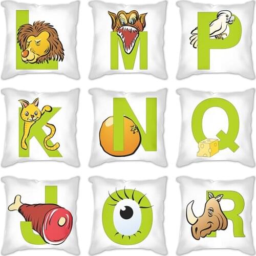 Pillow Cover Home Decoration 45*45 Cm Cushion Cover Microfiber Soft and Comfortable Cartoon animal green alphabet Pillow Case