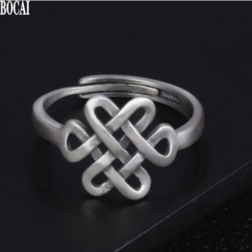 BOCAI New s925 pure silver jewelry retro matte Woman ring Chinese knot coiled rope ring adjustable Valentines Day gift