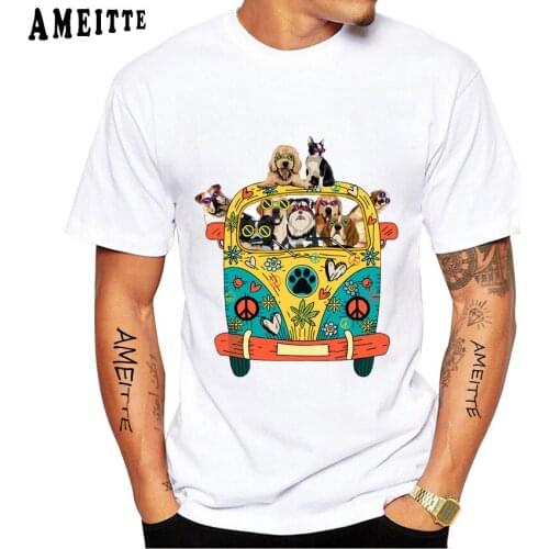 New Summer Men Short Sleeve Peace Love Dogs Hippie Van Bus Car T-Shirt Funny Hip Hop Boy Casual Tops Vintage Man White Tees