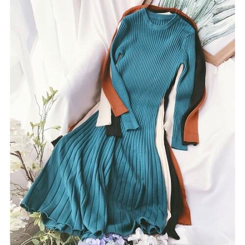 New Autumn Winter Long sleeve Sweater dress Women 2019 Thick Vintage A-line knitted dress Slim Basic Female Jumper jersey mujer