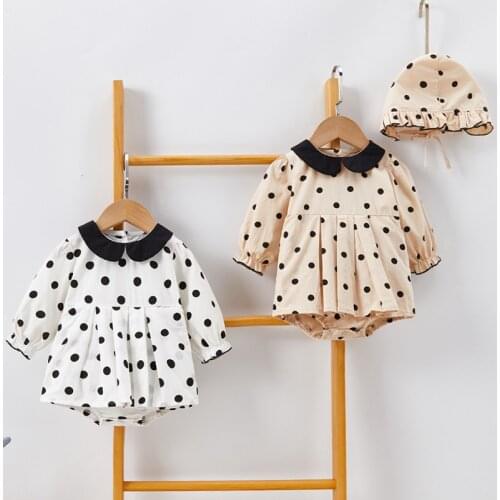 New Spring Autumn Baby Clothes Set Lapel Long-sleeve Top + Short + Hat 3Pcs Infant Boy Baby Girl Clothes Dot Print Romper Outfit