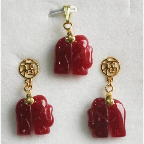 Charming Natural 14KGP Red Jade Elephant Pendant Necklace Earring Set