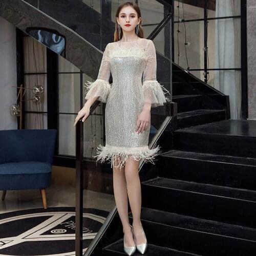 Prom Dress O-Neck Three Quarter Sleeves Zipper Back Feathers Above Knee Mermaid Simple Plus size Women Formal Party Gown C855