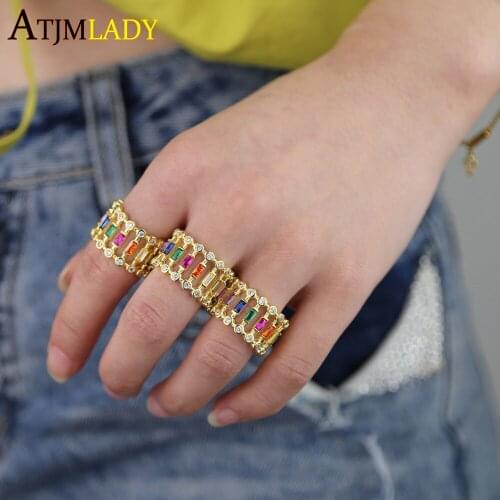 Rainbow Multicolor Baguette T Ring Engagement green blue red cubic zirconia colorful gold filled fashion luxury band jewelry