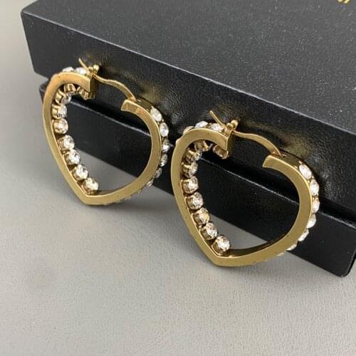 New fashion hot brand luxury jewelry vintage brass earrings heart shaped full stone earring birthday party banquet jewelry gift