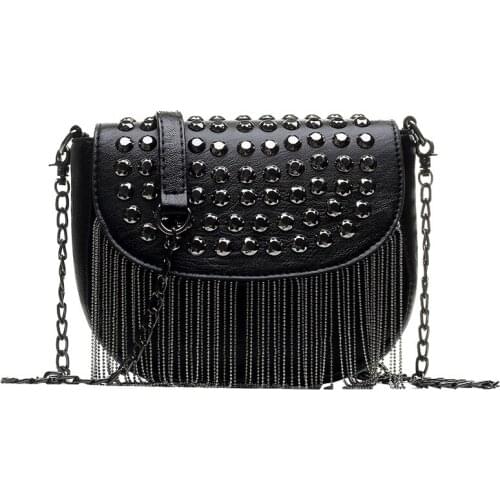 Fashion Black Pu Leather Rivet Crystal Handbags Women Bags Designer Ladies Chain Tassel Clutch Messenger Shoulder Bag NB035