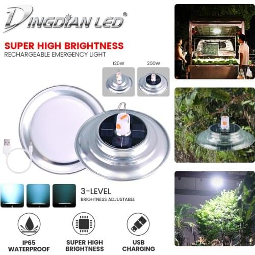 USB Rechargeable Solar Emergency Lights 120W 200W Emergency Lighting Battery Portable Waterproof IP65 Night Lamp with Hook