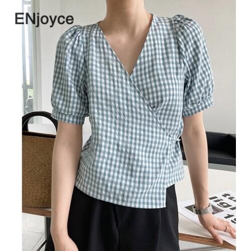 Vintage Plaid Puff Sleeve Tshirt Women One-piece Strappy Shirt Cropped Tops Korean Style V-neck Tees Clothes Casual Summer 2021