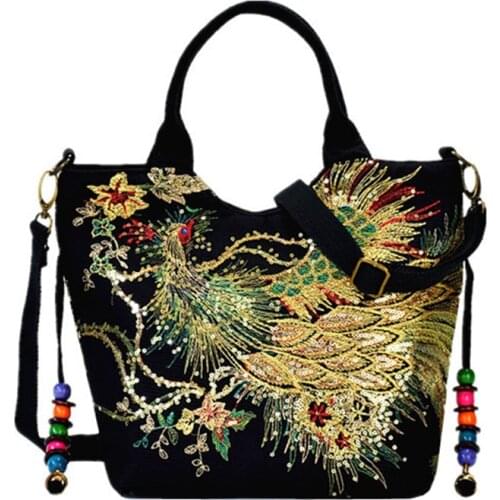 2020 New Canvas Women Handbag National Phoenix Embroidered Shoulder Tote Messenger Bag Leisure Crossbody Beach Travel Bag female