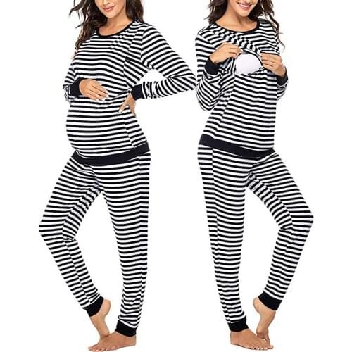 Women Maternity Pajamas Sleepwear Sets Long Sleeve Nursing T-shirt Tops+Striped Pants Pajamas Set Suit Two-piece home service