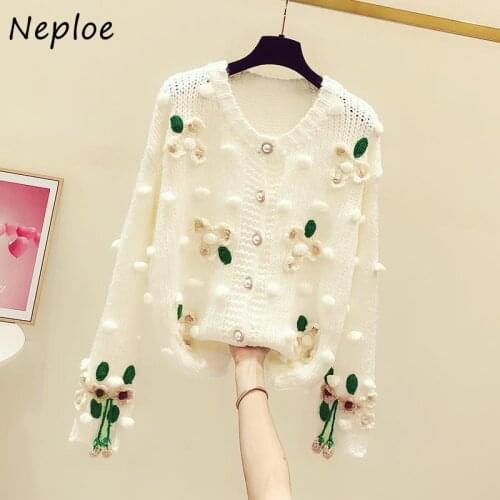Neploe Three-dimensional Strawberry Embroidery Woman Sweaters O-neck Long Sleeve Knitted Cardigan Casual Womens Sweater Jacket