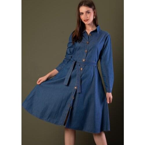 Women Belted Long Sleeve Jeans Shirt Dress Y20s110-1924