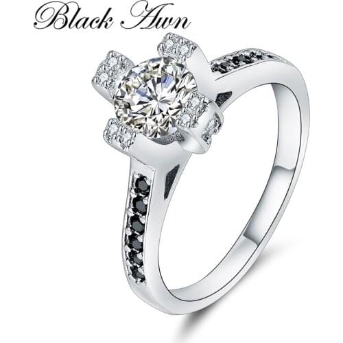 [BLACK AWN] 925 Sterling Silver Row Black Stone Wedding Rings for Women Fine Jewelry C314