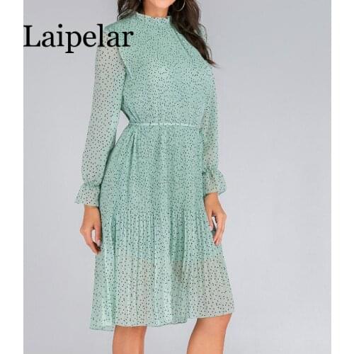 Vestido Stand Collar Polka Dot European Style Woman Dress Summer Chiffon Woman Dress Long Sleeve