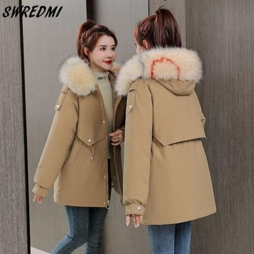 SWREDMI 2021 Snow Wear Parkas Thicken Warm Jackets Winter Women Large Fur Collar Padded Clothing Female Coats Outwear
