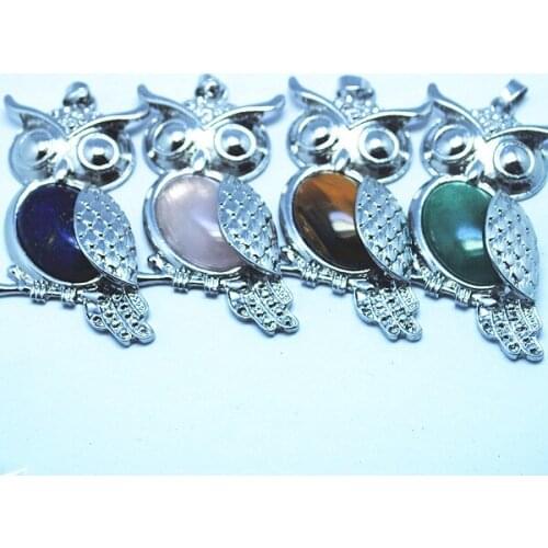 Charms Gem stone metal owl pendants lapis lazuli yellow tiger eye green aventurine rose quartzz 55x25mm