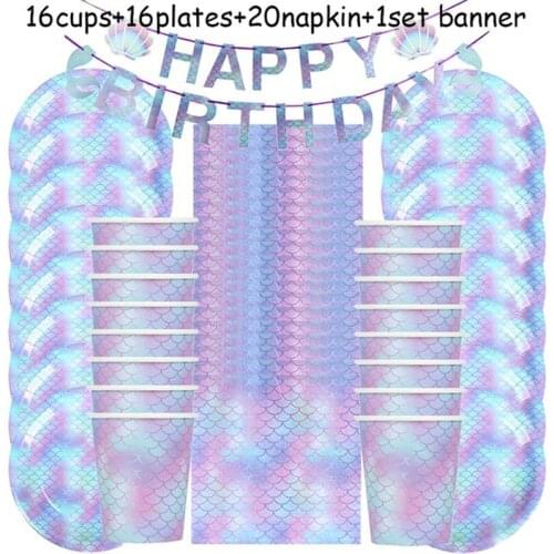 53pcs Mermaid Party Scale Disposable Tableware Shiny Banner Plate Cup Napkin Shell Under The Sea Party Supplies Baby Shower Girl