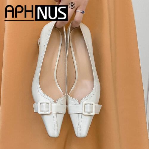 APHNUS Womens Shoes Cow Leather Mid High Heels Pumps Rough Thick Heels Woman 2021 Shoes For Women New Buckle