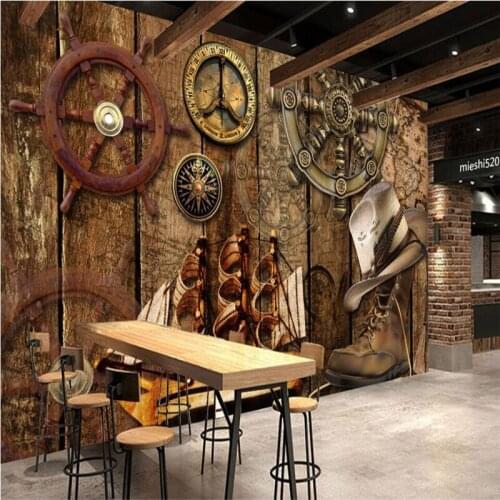 Beibehang Retro Nostalgic Wooden Board Rudder Cruise Theme Restaurant Background Wall Customized Large Mural Silk Wallpaper