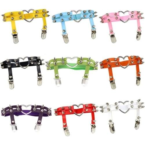 Women Faux Leather Heart Garter Belt Gothic Punk Rivets Stud Adjustable Elastic Leg Ring Harness with Anti-Slip Clips
