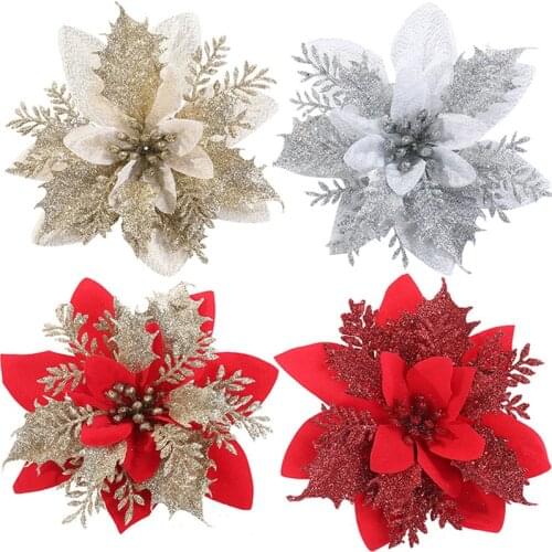 10pcs 13cm Christmas Flowers Glitter Artificial Flowers Merry Christmas Decorations for Home Navidad 2020 Happy New Year 2021