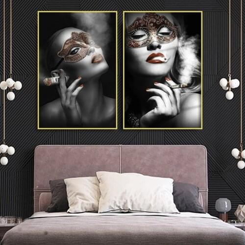 Smoking Women Burning Dollar Money Canvas Painting Prints Modern Girl In Mask Poster Wall Art Picture For Living Room Home Decor