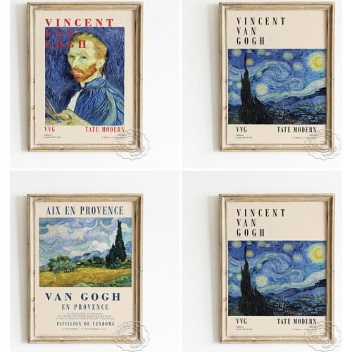 Vincent Van Gogh Exhibition Museum Poster, Starry Night Wheat Field With Cypresses Canvas Painting, Self-Portrait Art Prints