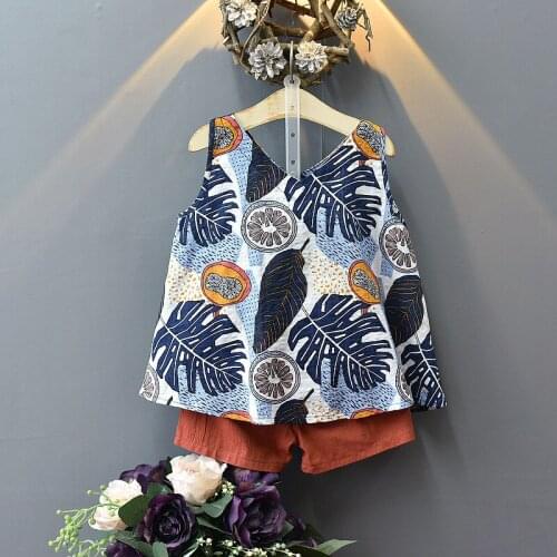 Girls Clothes Set Summer 2Pc Kids Casual Outfits For Girls Sleeveless Print Floral Leaves Vest+Shorts Baby Girl Clothing