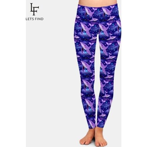 LETSFIND Hot Sale 3D Purple Whales Digital Printing Women Plus Size Leggings High Waist Fitness Slim Stretch Full Leggings
