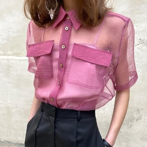 ZCSMLL Summer sexy turn-down collar blouse single-breasted loose pocket see-through puff sleeve shirt women top Korea