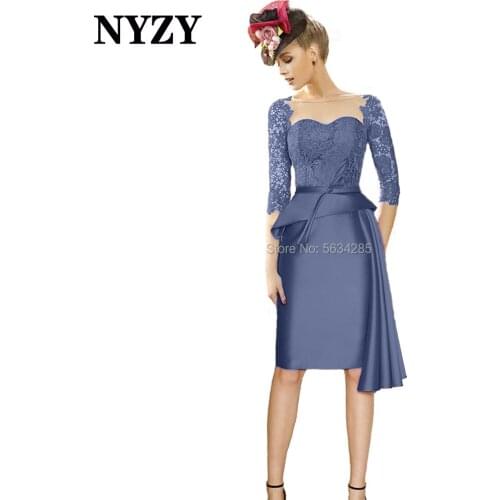 M360H NYZY Elegant Boat Neck Grey Blue Short Mother of the Bride Dresses 2021 Satin Wedding Party Dress Cocktail Church Suits