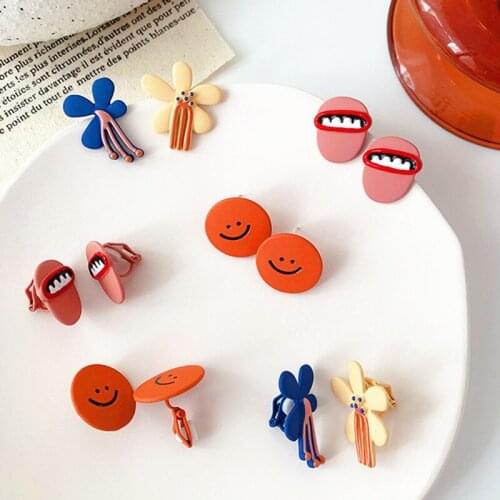 Cute Cartoon Design Paint Stud Earrings for Women Girls Metal Asymmetry Clip Earring Creative Flower Ear Clip Jewelry Accessorie
