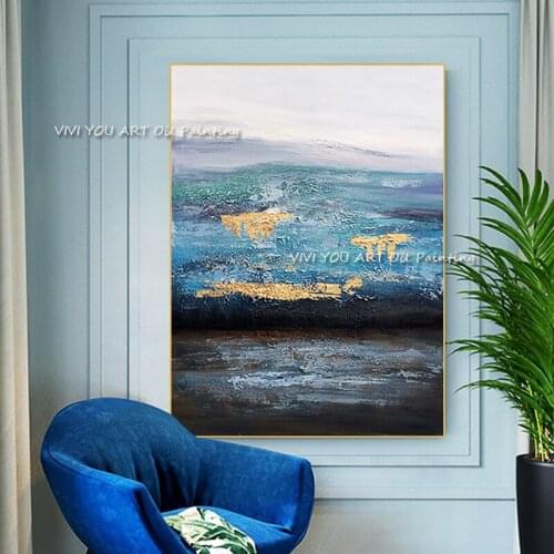 The Fashion Blue Sea View Paintings Hand Painted Modern Large Abstract Oil Painting on Canvas Picture For Living Room Home Decor