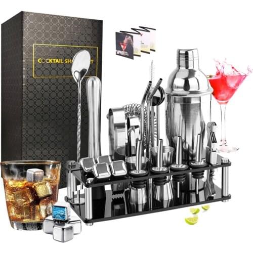 Cocktail Making Set Shaker Stainless Steel Bar Tool Bartender Kit ​with Display Stand Ice Cube Mixing Spoon Recipes Book Gift