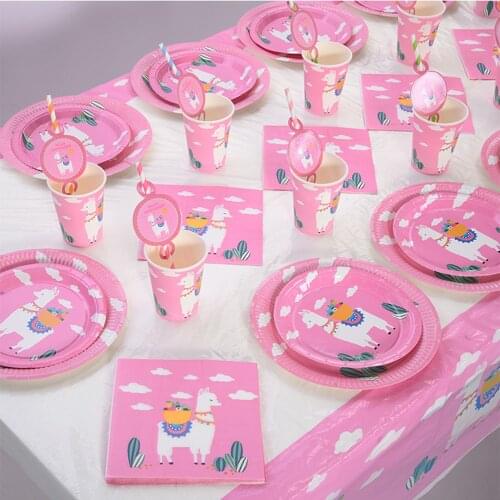 Girls Sweet Pink Cactus Alpaca Theme Happy Birthday Party Disposable Tableware Sets Plates Cups Straw Baby Shower Party Supplies