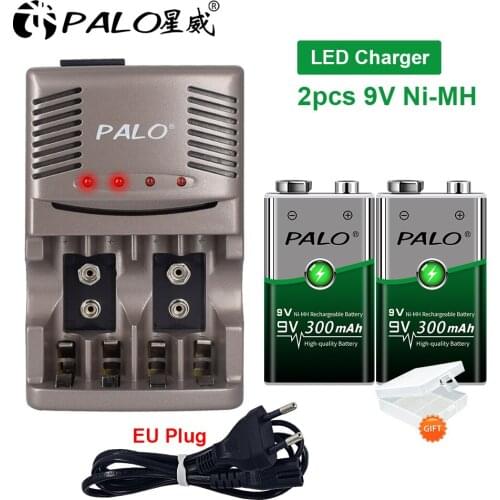 2pcs PALO 9V 300mAh NI-MH rechargeable batteries with 1800 Cycle + 2 slots inteliigent charger for 9v rechargeable battery