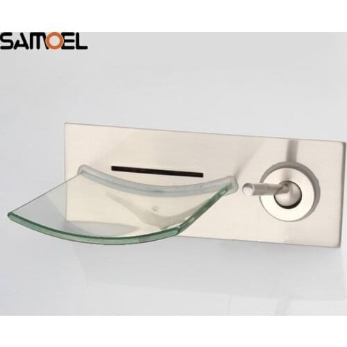 Wall Mount LED Brass Concealed Glass Waterfall Bathroom Sink Mixer Tap Brushed Nickel Color Change Basin Faucet NL705