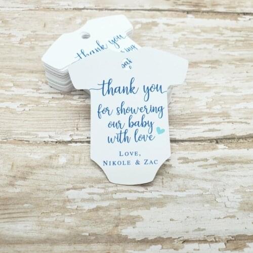 Thank you for showering our baby with love, baby shower tag, Design body suit shaped tag, baby sprinkle, Custom baby clothes tag