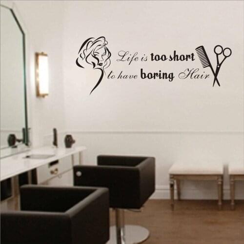 Hair Salon Wall Stickers Vinyl Girls Beauty Salon Decor Barber Shop Wall Decal Quotes Life Is Too Short To Have Boring Hair P247