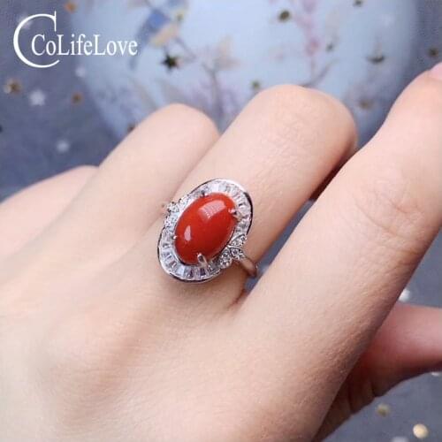 CoLife Jewelry Vintage Coral Ring for Party 8mm*12mm 100% Natural Red Coral Silver Ring 925 Silver Precious Coral Jewelry