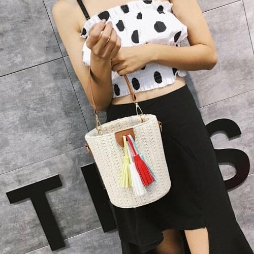 Womens summer trend bucket bag simple woven tassel beach travel bags womens shoulder messenger handbag simple and wild totes