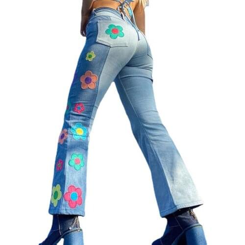 Women Embroidery Flore Jeans Wide Leg Pants Casual S Patch Slim Fit 2021 Blue Contrast Stitching High Waisted New Trousers