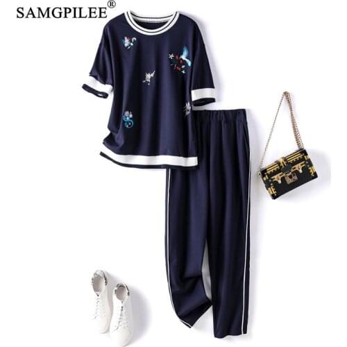 Two Piece Sets For Women 2021 New O Neck Embroidery Floral Pattern Cotton T-shirt Pants Casual Plus Size 2 Pcs Suit Woman 4XL