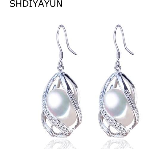 SHDIYAYUN Pearl Earrings Natural Freshwater Pearl 925 Sterling Silver Jewelry For Women Gemstone Drop Earrings Cage Wholesale